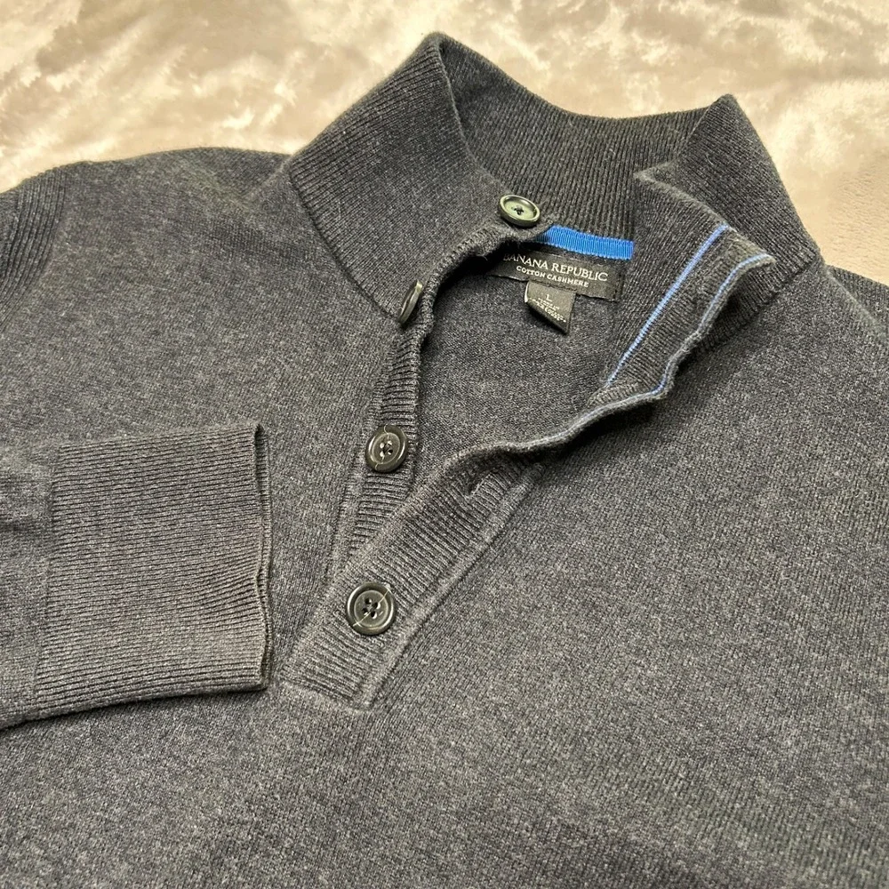 Banana Republic Cotton Cashmere Sweater Mens L Dark Gray Henley Mock Neck Preppy